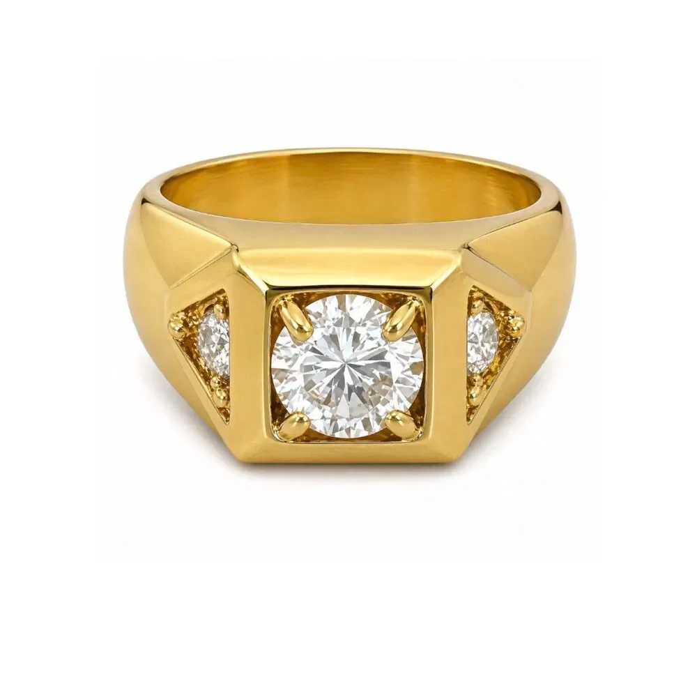 Vintage 1970s Ring Size 13 CZ Square Prong Set Gold Plated Band - 14O